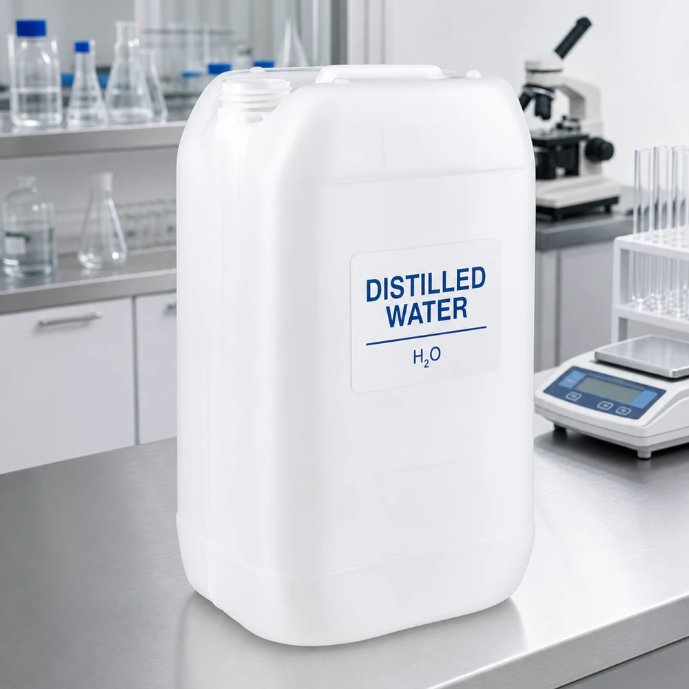 Tanica rettangolare da 15 litri senza tappo, con la scritta “Acqua distillata” in laboratorio
