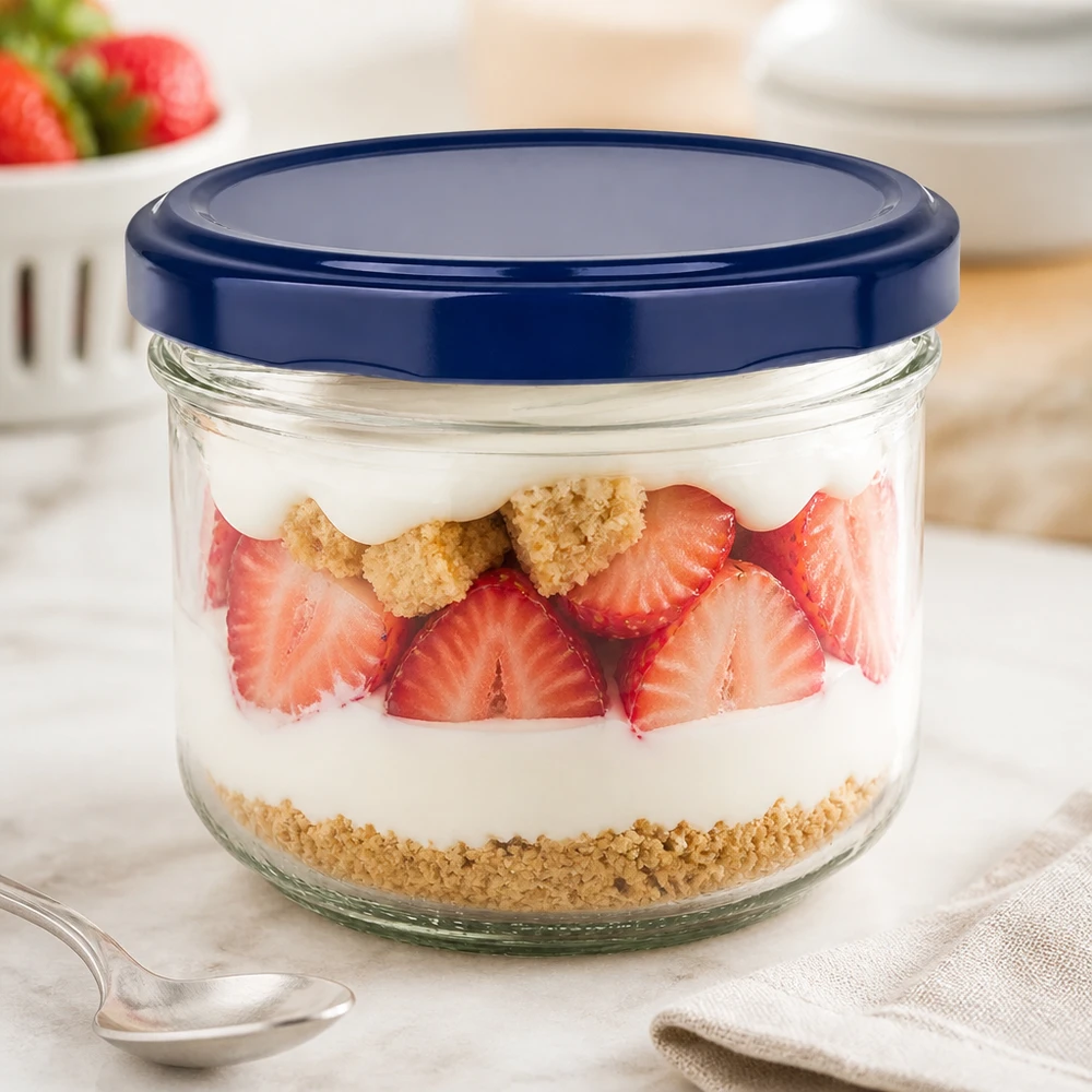 Bicchieri da 260 ml + coperchio BasicSeal blu UNiTWIST Bicchieri blu BasicSeal da 260 ml con stratificazione di dessert alla fragola - vasetto twist-off per dessert e yogurt