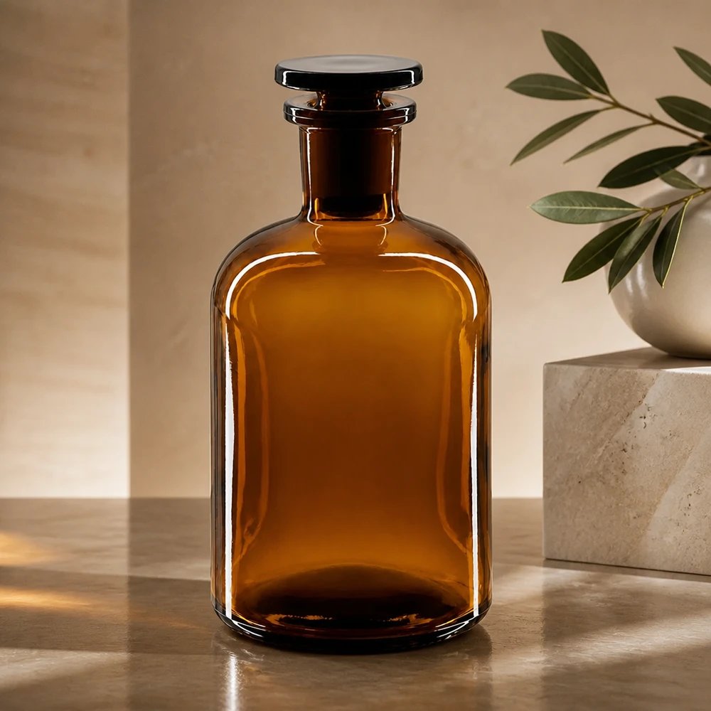 Bottiglia a spalla tonda 250ml marrone collo stretto in vetro tappo Bottiglia in vetro ambrato da 250 ml, a spalla arrotondata, con collo stretto e tappo in vetro; protezione dai raggi UV, da conservare al riparo dalla luce