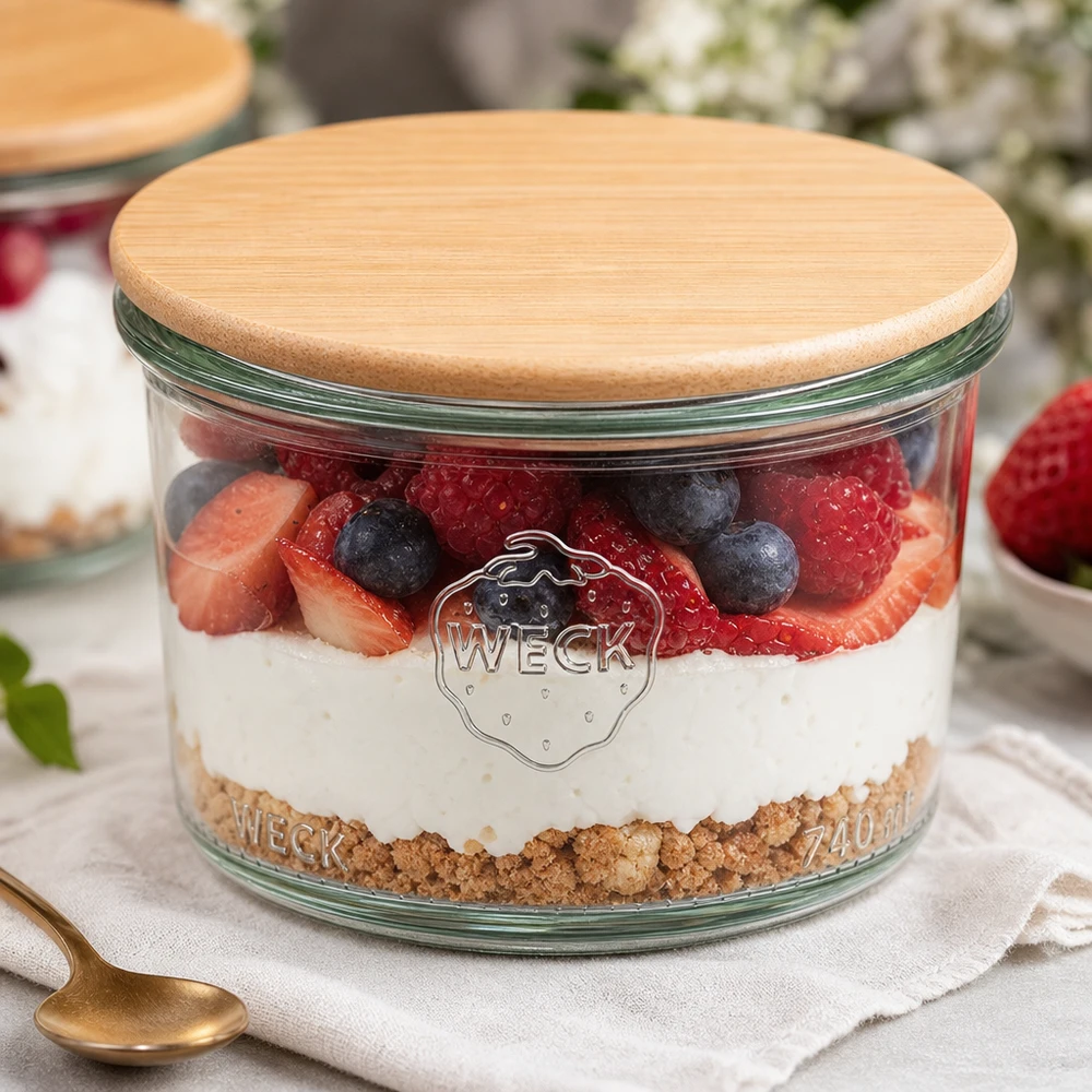 WECK tumbler 200ml RR80 coperchio in legno riempito con dessert a strati frutti di bosco base biscotto yogurt dessert styling