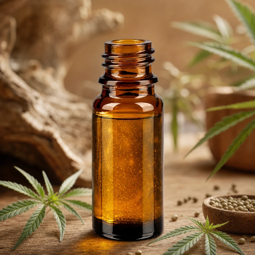 Flacone da farmacia marrone da 10ml ApoGlas con estratto di cannabis e semi di canapa su sfondo rustico in legno
