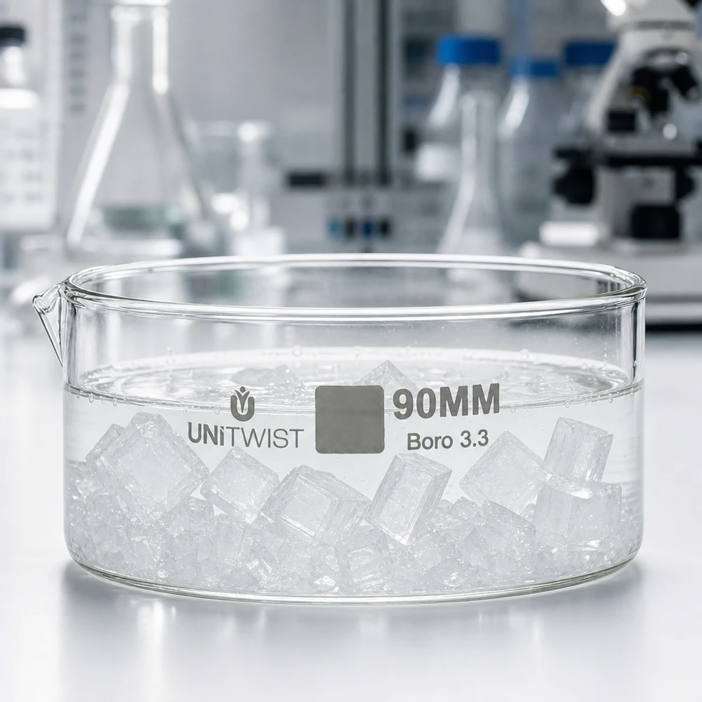 Piatto per cristallizzazione ø90 mm in vetro borosilicato UNiTWIST Ciotola piatta in vetro da 90 mm con cubetti di ghiaccio, in vetro borosilicato da laboratorio UNiTWIST Boro 3.3