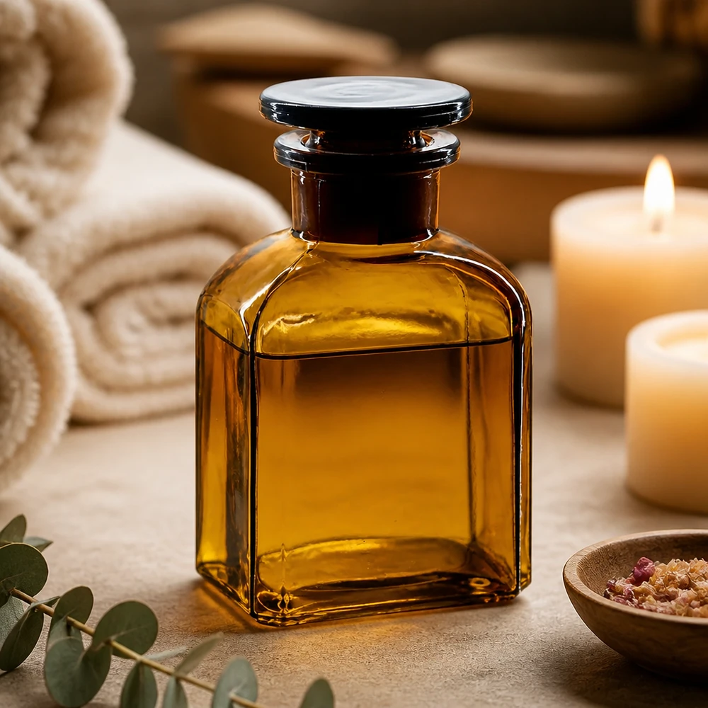 Bottiglia quadrata 150ml marrone a collo largo, con tappo in vetro Flacone per aromaterapia da 150 ml in vetro ambrato con collo largo e tappo in vetro per oli essenziali