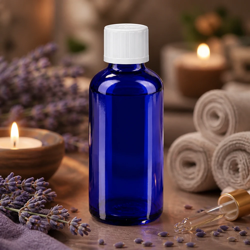 Bottiglia di vetro blu da 50 ml con tappo di sicurezza per bambini bianco, tra fiori di lavanda e candele