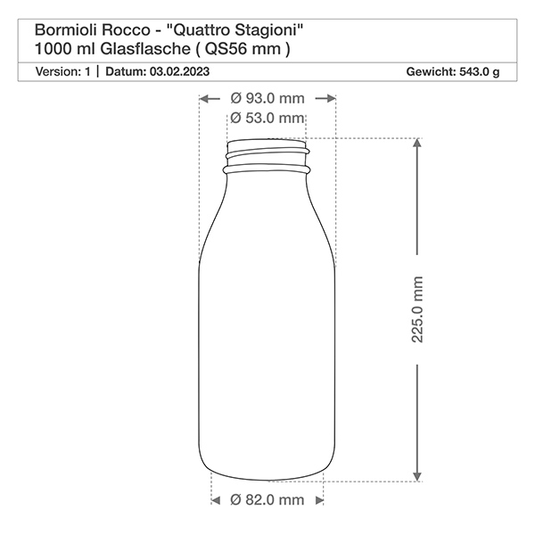 Bottiglia in vetro da 1000ml "Quattro Stagioni" con coperchio Disegno tecnico Quattro Stagioni 1000ml bottiglia in vetro con dimensioni, diametro 82mm, altezza 225mm, peso 543g
