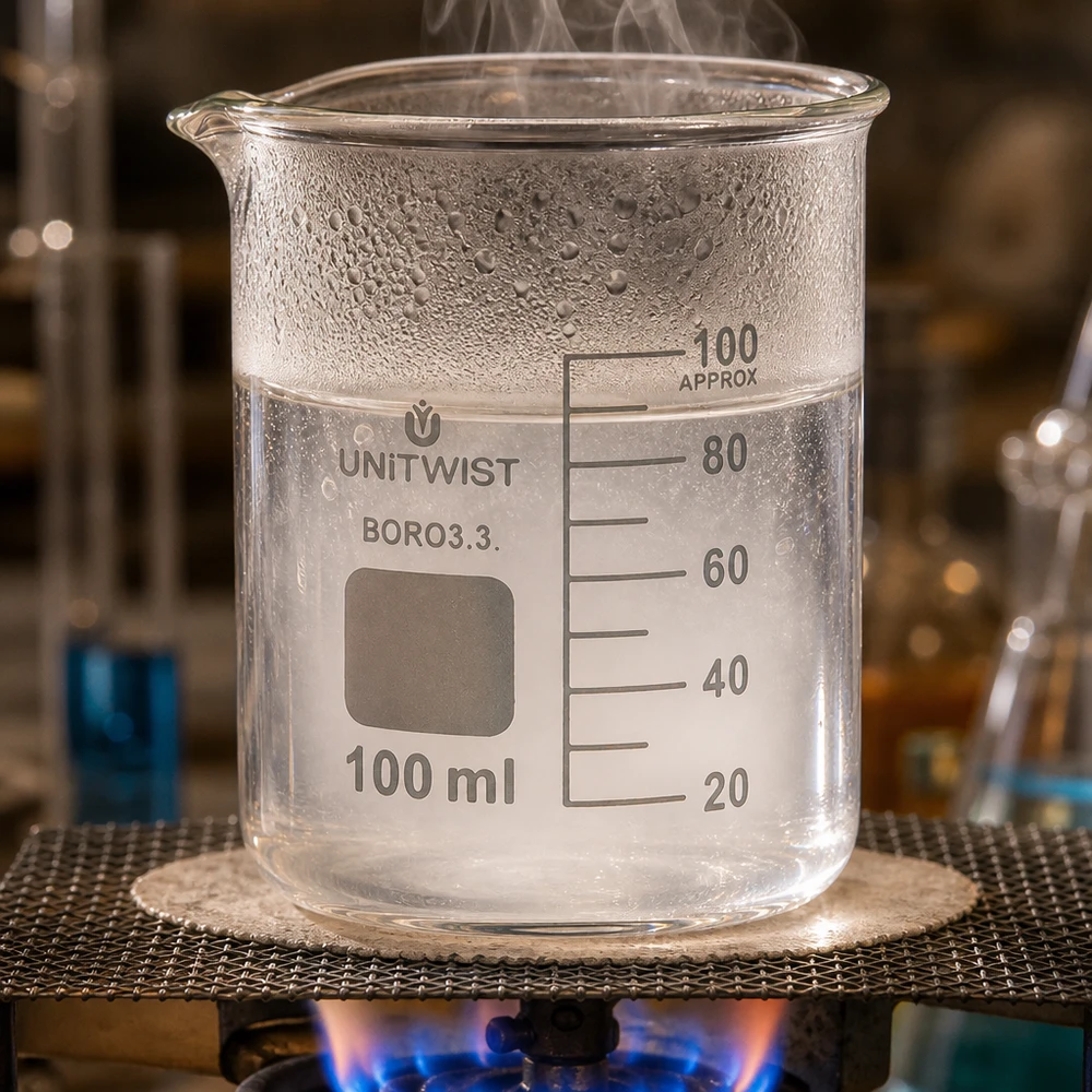 Il becher UNiTWIST da 100 ml in vetro borosilicato a forma bassa viene riscaldato sul becco Bunsen