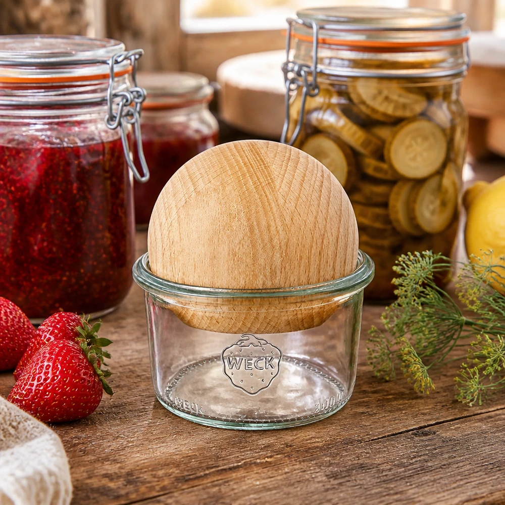 WECK 200ml RR80 mason jar in un ambiente di cucina naturale con barattoli di conservazione e alimenti freschi