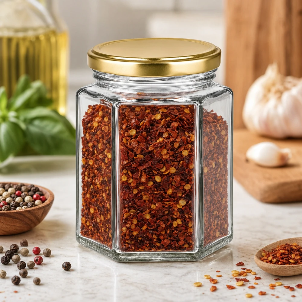 Vasetto per miele da 250 g con capsula dorata BasicSeal UNiTWIST Vasetto di miele da 250 g BasicSeal esagonale riempito di spezie al peperoncino nella cucina delle spezie tra i grani di pepe e le erbe aromatiche
