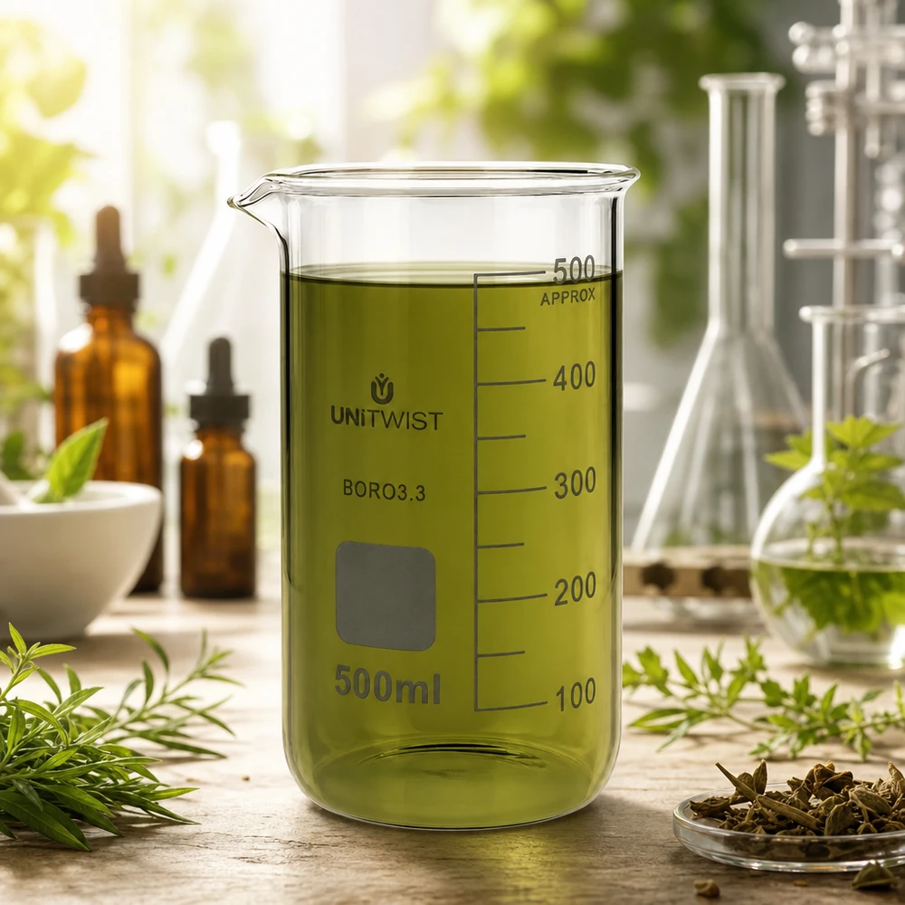 Bicchiere UNITWIST da 500 ml, modello alto, con estratto vegetale verde circondato da erbe aromatiche fresche
