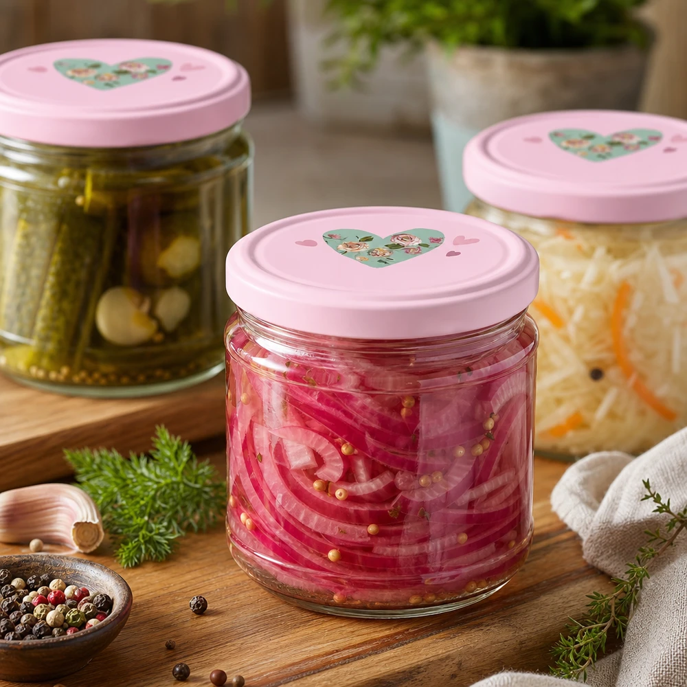 Barattolo rotondo da 330 ml + coperchio BasicSeal cuore rosa UNiTWIST Barattoli rotondi da 330 ml con coperchi rosa a forma di cuore pieni di verdure e cetriolini sott'aceto sul tavolo di legno in cucina