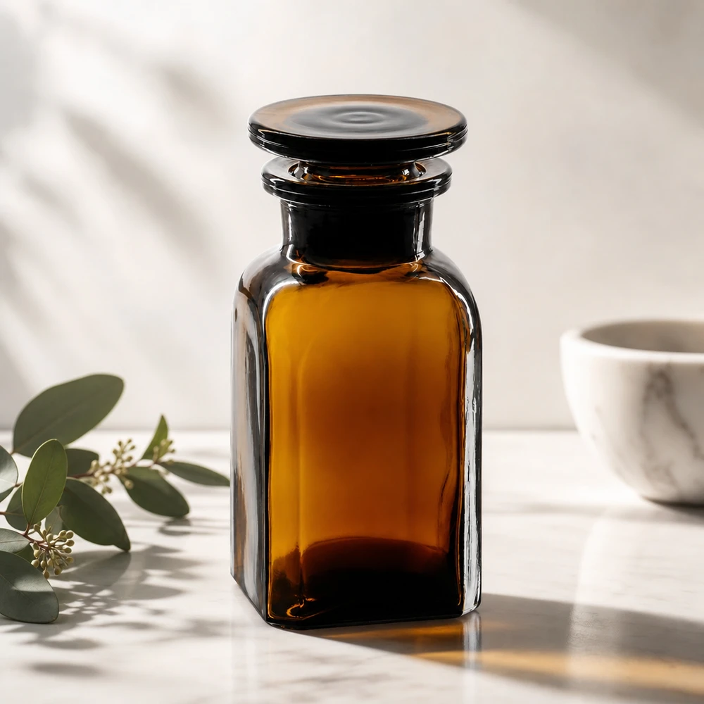 Bottiglia quadrata 100ml marrone a collo largo, tappo in vetro Flacone quadrato in vetro ambrato da 100 ml a collo largo con tappo rotondo in vetro su base di marmo