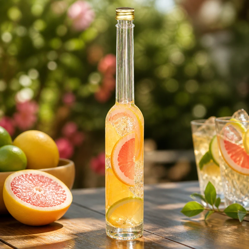 Bottiglia in vetro da 100 ml Toni con tappo a vite argento UNiTWIST® Bottiglia in vetro da 100 ml Toni con bevanda al pompelmo - tappo dorato UNiTWIST in un'atmosfera da giardino estivo con agrumi