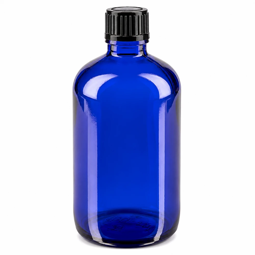 Flacone da farmacia in vetro blu da 100 ml con tappo a vite nero da 11 mm