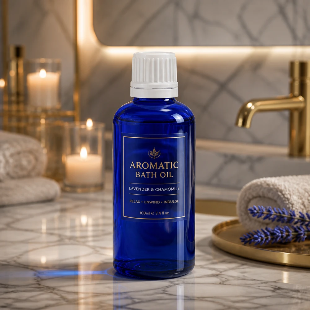 Flacone in vetro blu da 50 ml con dosatore a goccia bianco da 0,7 mm per oli da bagno e prodotti per il benessere