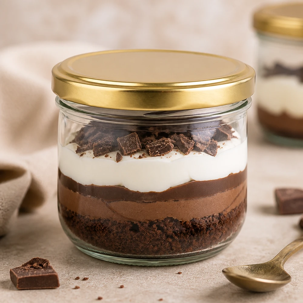 Bicchieri da 260 ml con coperchio BasicSeal oro UNiTWIST I tumbler BasicSeal oro UNiTWIST da 260 ml riempiti di dessert al cioccolato dimostrano l'idoneità per i dessert dolci.