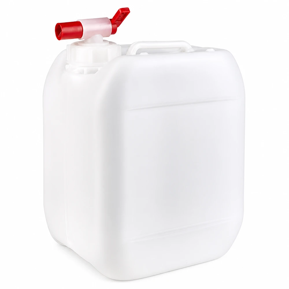 Tanica in plastica bianca da 5 litri con rubinetto di scarico rosso, realizzata in HDPE