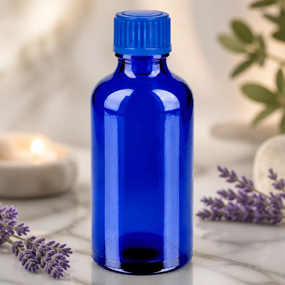 Bottiglia da 50ml 11mm SV blu STD BlueLine UT18/50 Robusto flacone in vetro da 50 ml di qualità farmaceutica con filtro UV blu per una lunga durata.