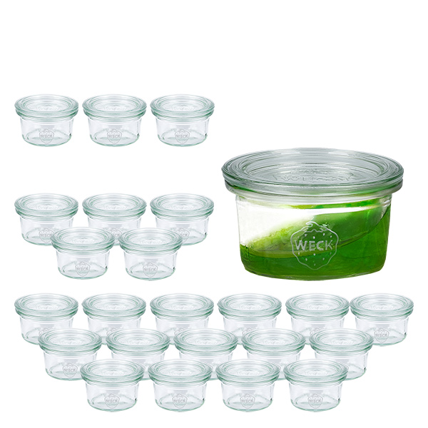 Set di 24 tumbler Weck da 50 ml con 24 coperchi di vetro Set di 24 tumbler Weck da 50 ml con 24 coperchi di vetro