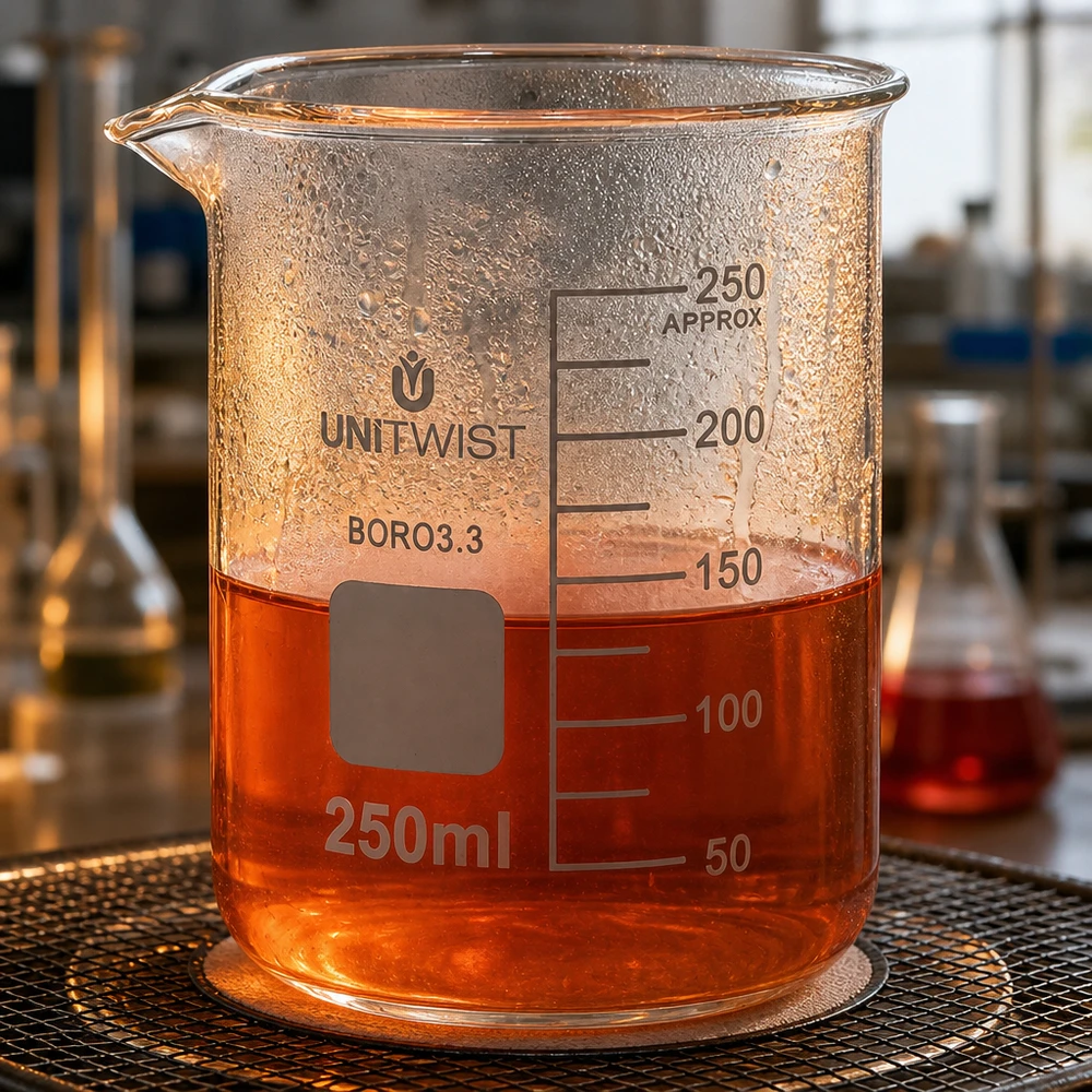 Bicchiere da laboratorio UNiTWIST da 250 ml in borosilicato, a forma bassa, contenente un liquido arancione su una griglia da laboratorio