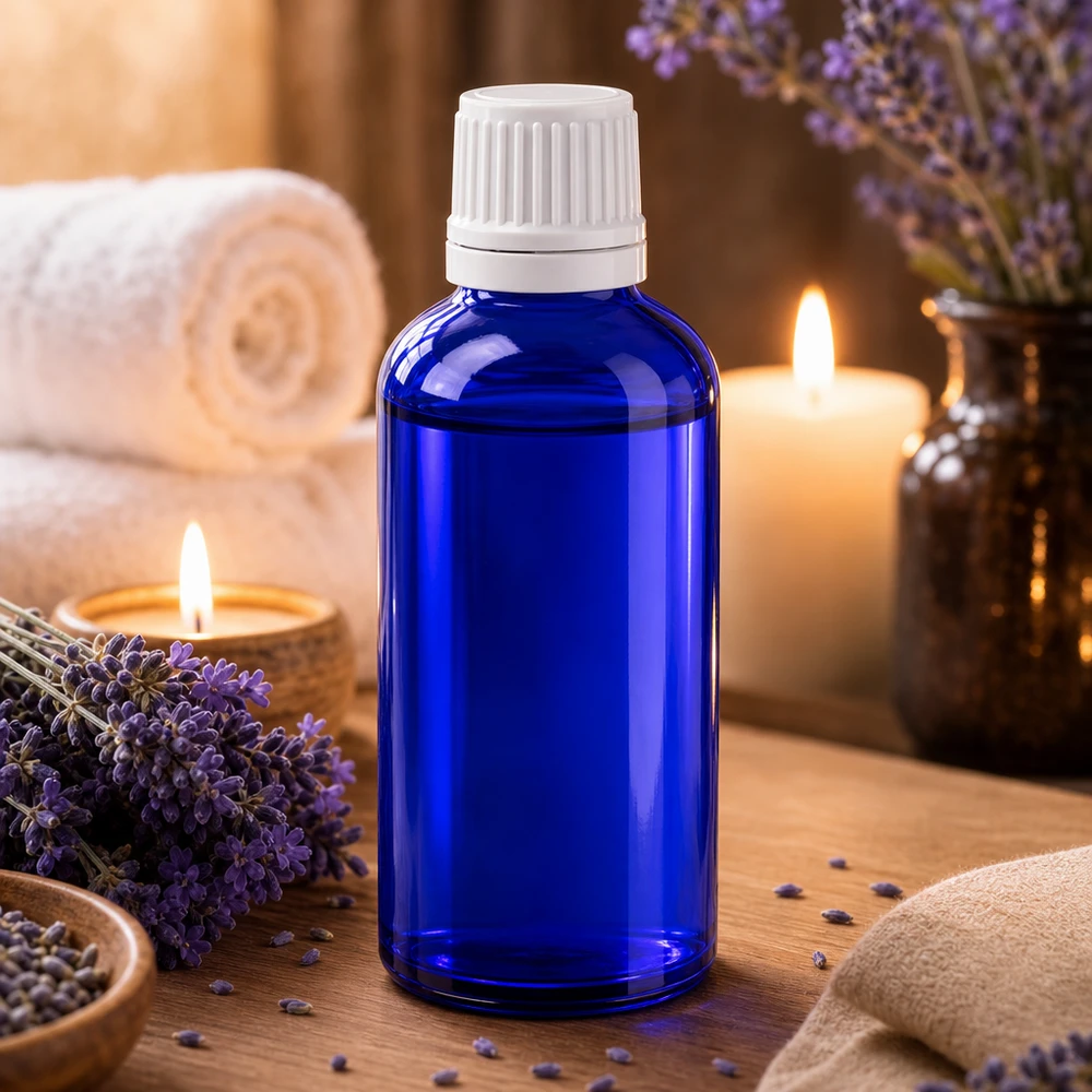 Flacone contagocce blu da 50 ml in vetro da farmacia con tappo originale bianco per oli essenziali