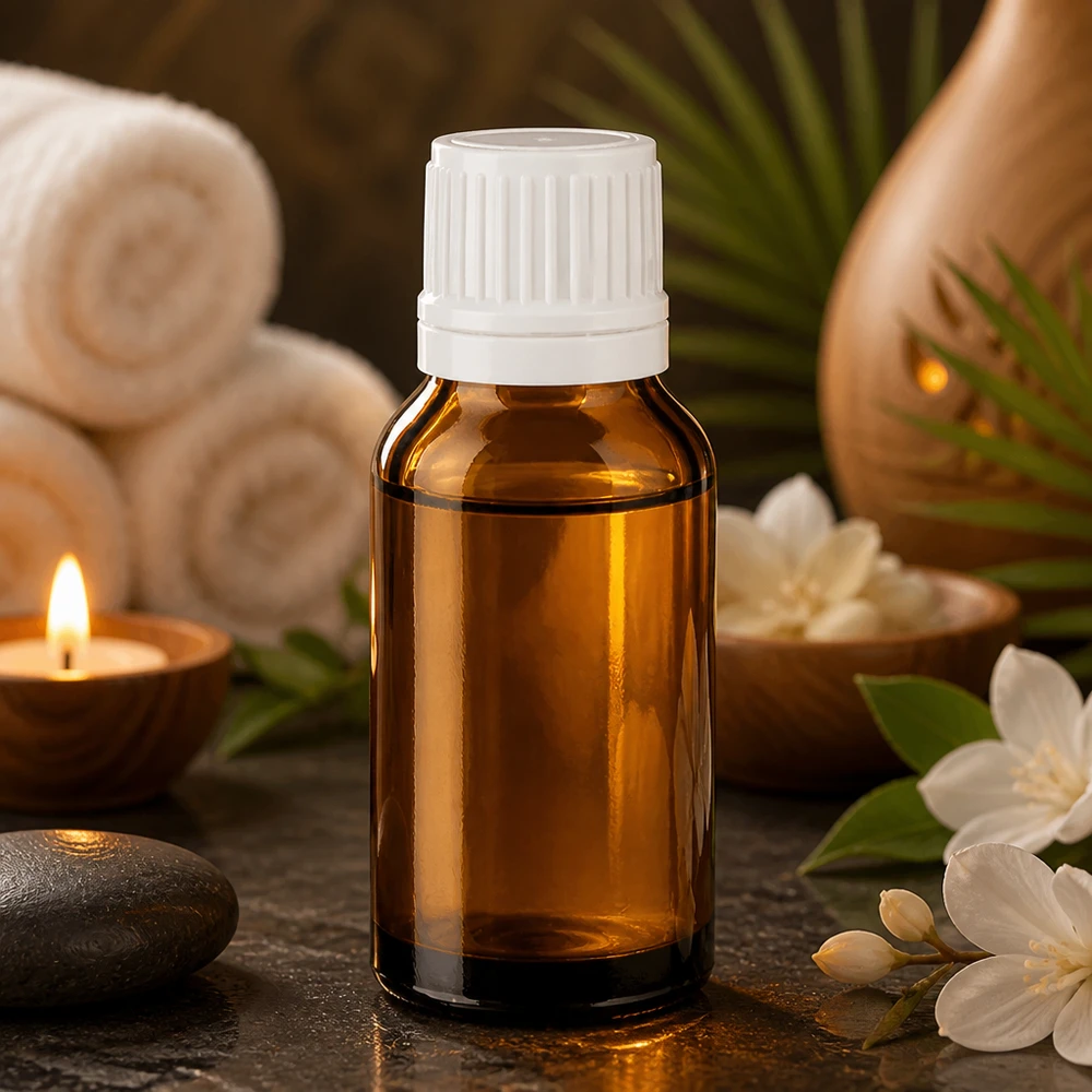 Flacone contagocce marrone da 15 ml con tappo bianco, tra fiori bianchi e pietre da massaggio in una spa