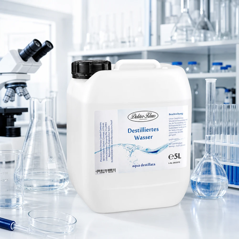 Acqua distillata 5L Doktor-Klaus Acqua distillata Doktor-Klaus in tanica da 5 litri in ambiente di laboratorio sterile con microscopio e matraccio in vetro