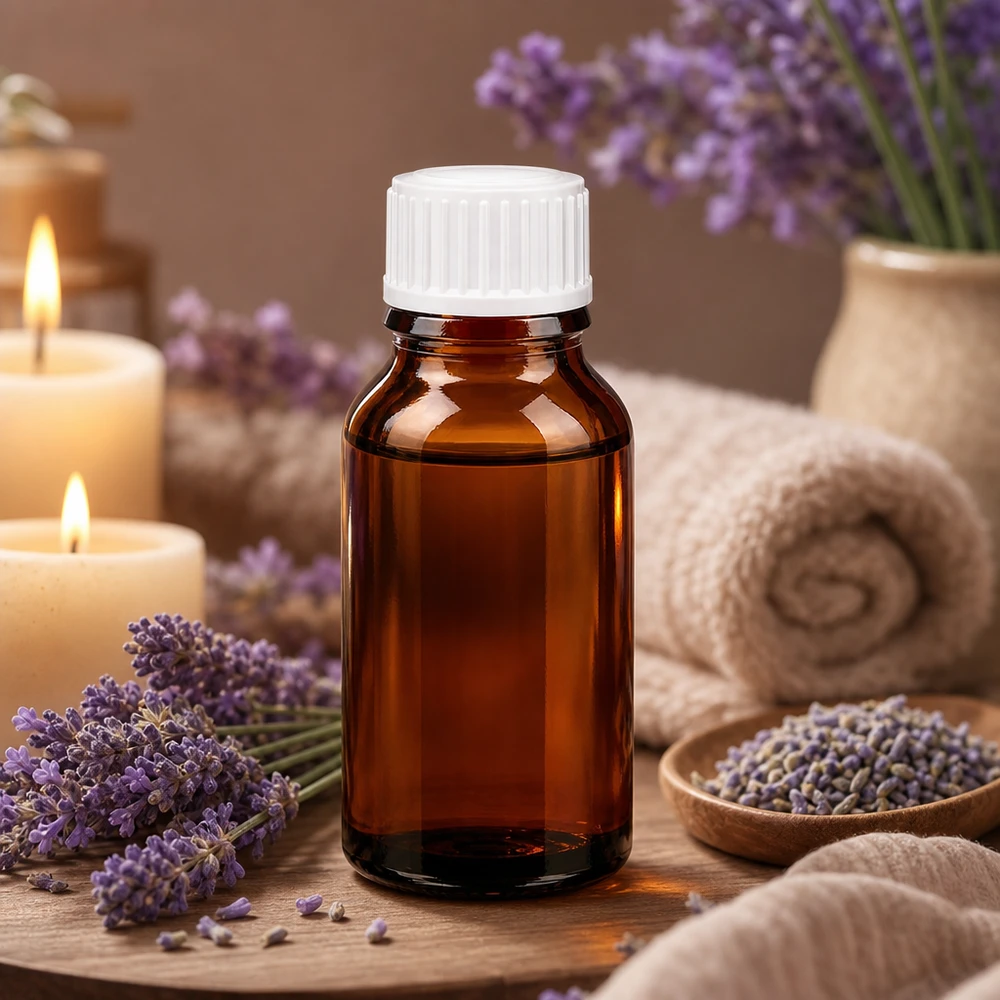 Flacone farmacia marrone 15ml contagocce bianco 0,8mm pz. Flacone da farmacia da 15 ml, marrone, con tappo contagocce bianco da 0,8 mm, circondato da fiori di lavanda e candele