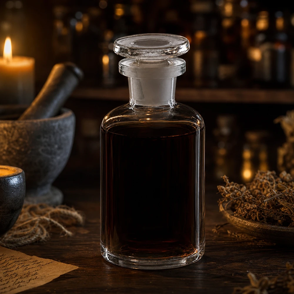 Bottiglia a spalla tonda 50ml trasparente collo stretto tappo in vetro Fiaschetta da farmacia da 50 ml con contenuto scuro, tappo di vetro, collo stretto, spalle arrotondate, stile antico