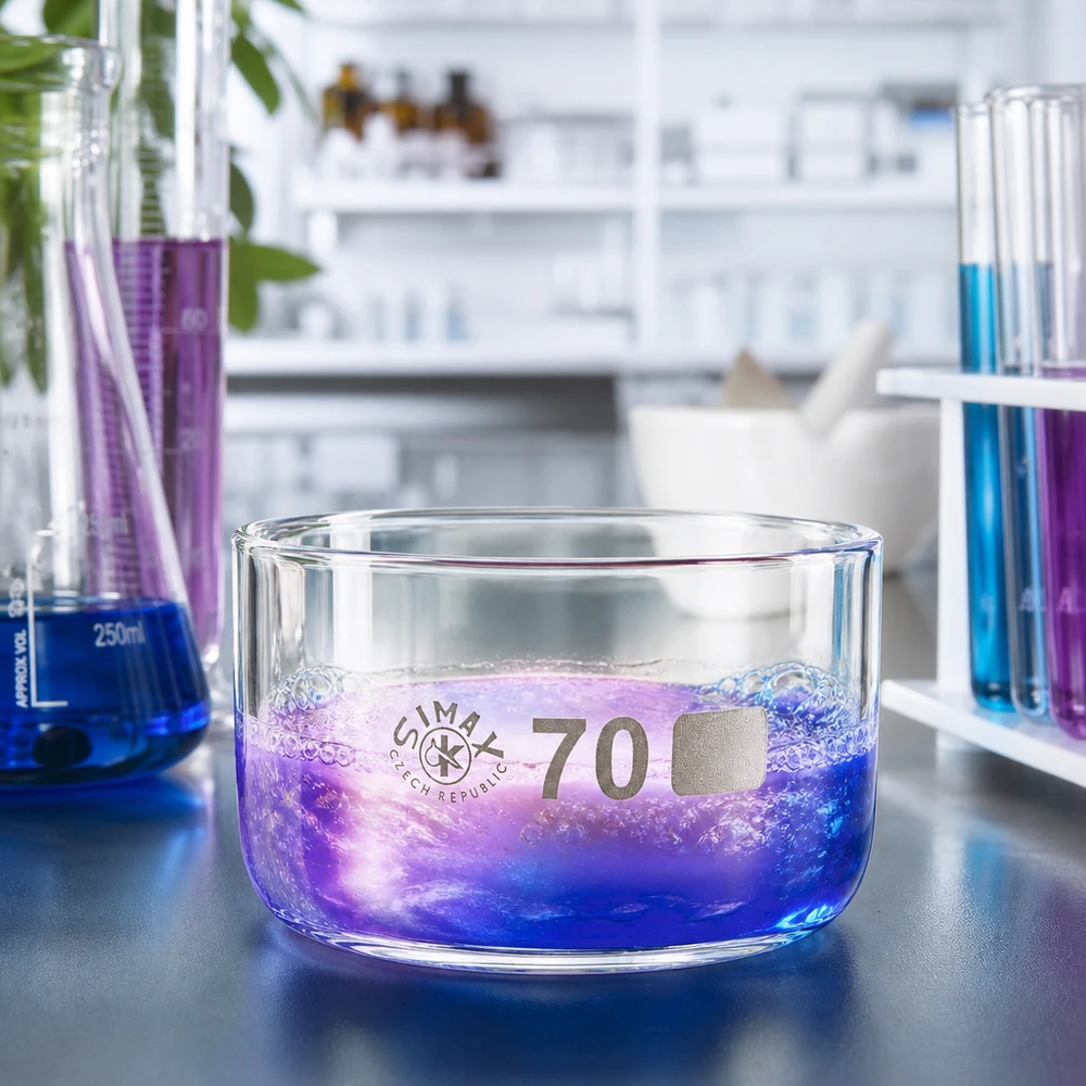Piatto di cristallizzazione da 100 ml senza beccuccio Bo. ø70mm Vaschetta di cristallizzazione Simax da 100 ml con soluzione di reazione blu-viola: bolle frizzanti – esperimento di laboratorio