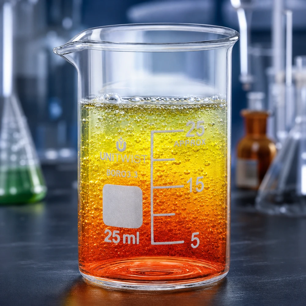 Bicchiere 25ml in borosilicato, a basso stampo UNiTWIST Bicchiere UNiTWIST da 25 ml, di forma bassa, con sfumatura di colore arancione-giallo e formazione di bolle
