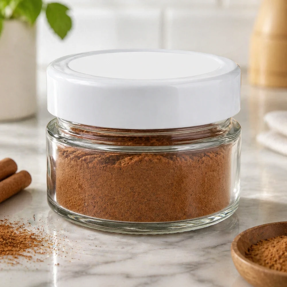 Barattolo rotondo da 80 ml con coperchio BasicSeal bianco profondo UNi... Il barattolo rotondo da 80 ml riempito di polvere marrone mostra un uso pratico per le spezie e la conservazione in cucina