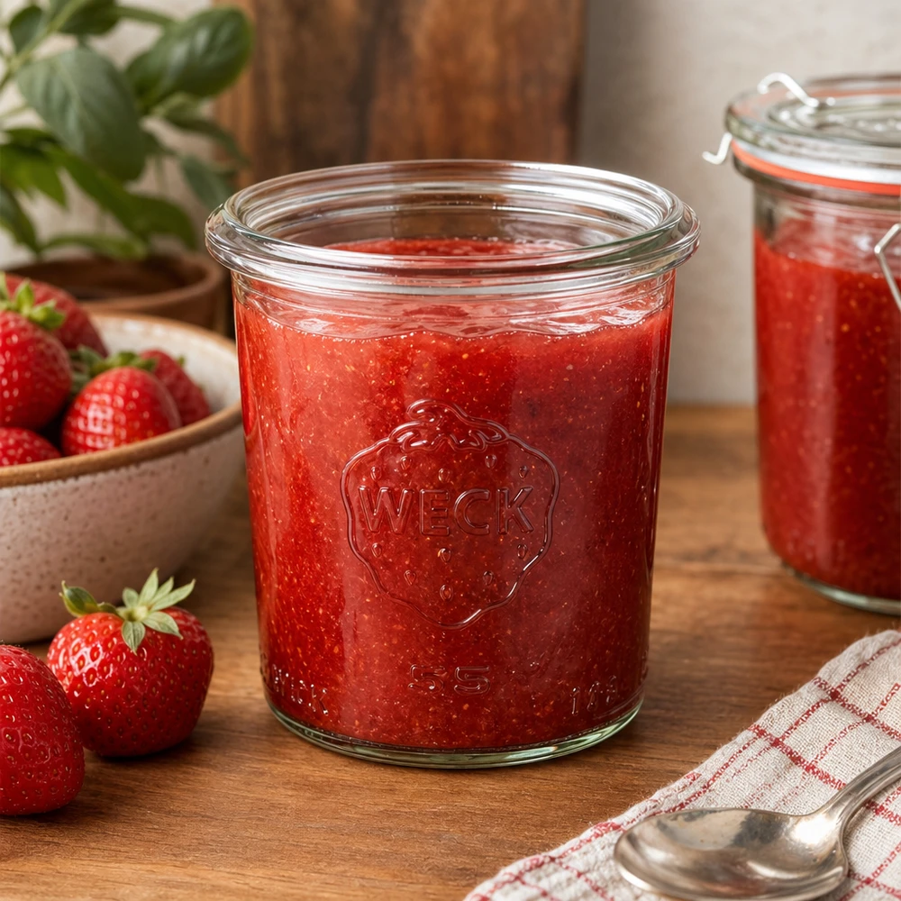 Barattolo WECK RR60 da 140 ml riempito di marmellata di fragole fatta in casa su un tavolo di legno con fragole fresche
