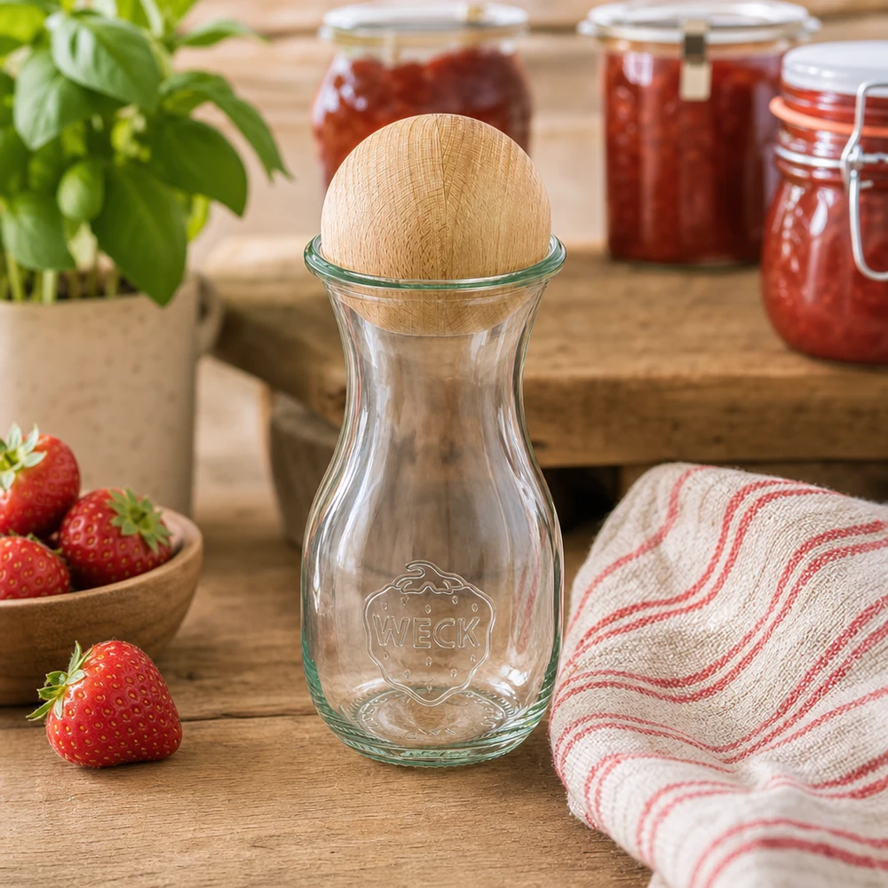 Bottiglia in vetro WECK 290ml RR60 con tappo a sfera in faggio in una cucina rustica accanto a fragole e barattoli di marmellata
