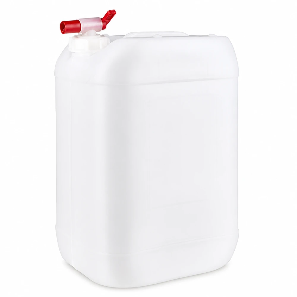 Tanica da 25 litri con rubinetto di scarico Tanica in plastica bianca da 25 litri con rubinetto di scarico rosso, realizzata in HDPE