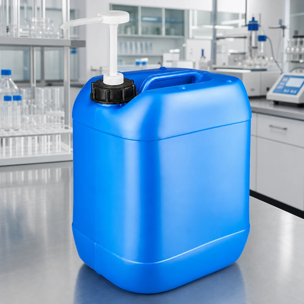 Tanica 20 litri blu con pompa dosatrice Tanica da 20 litri blu con pompa dosatrice in ambiente di laboratorio su un tavolo in acciaio inossidabile
