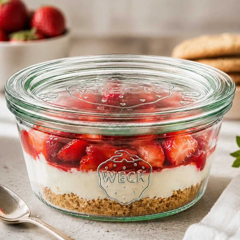 WECK tumbler 290ml RR100 riempito con dessert a strati alla fragola mostra un uso versatile come vaso da dessert con coperchio in vetro