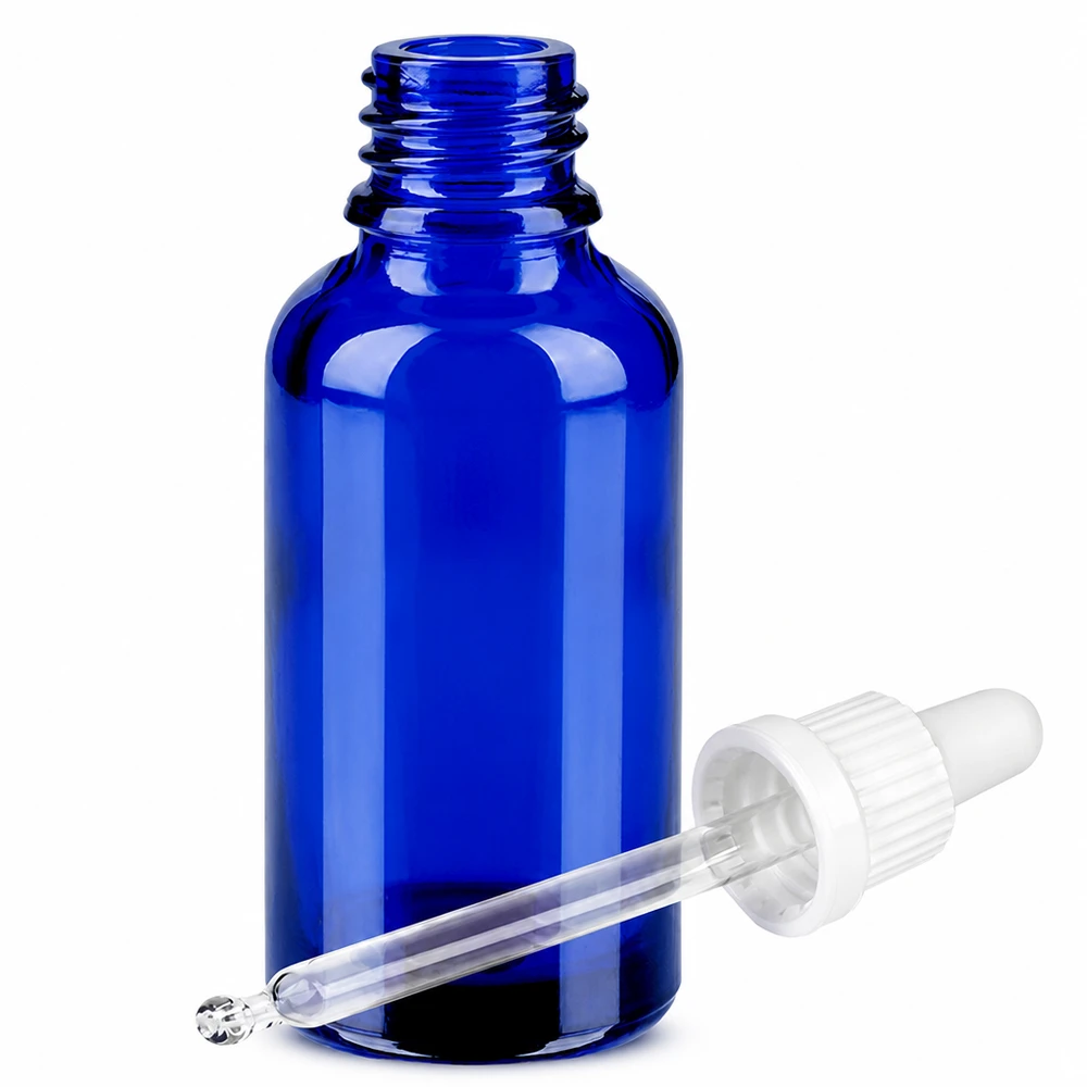 Flacone per pipette da 30 ml bianco OV BlueLine UT18/30 Flacone in vetro di alta qualità da 30 ml con tappo contagocce per cosmetici e prodotti farmaceutici blu