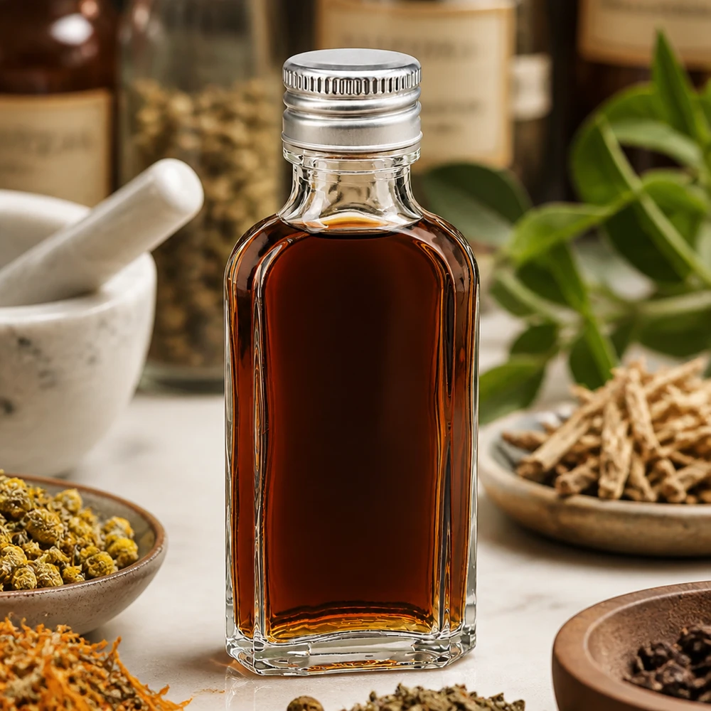 Fiaschetta trasparente in vetro da 50 ml con tappo in alluminio PP22 circondata da erbe aromatiche e spezie