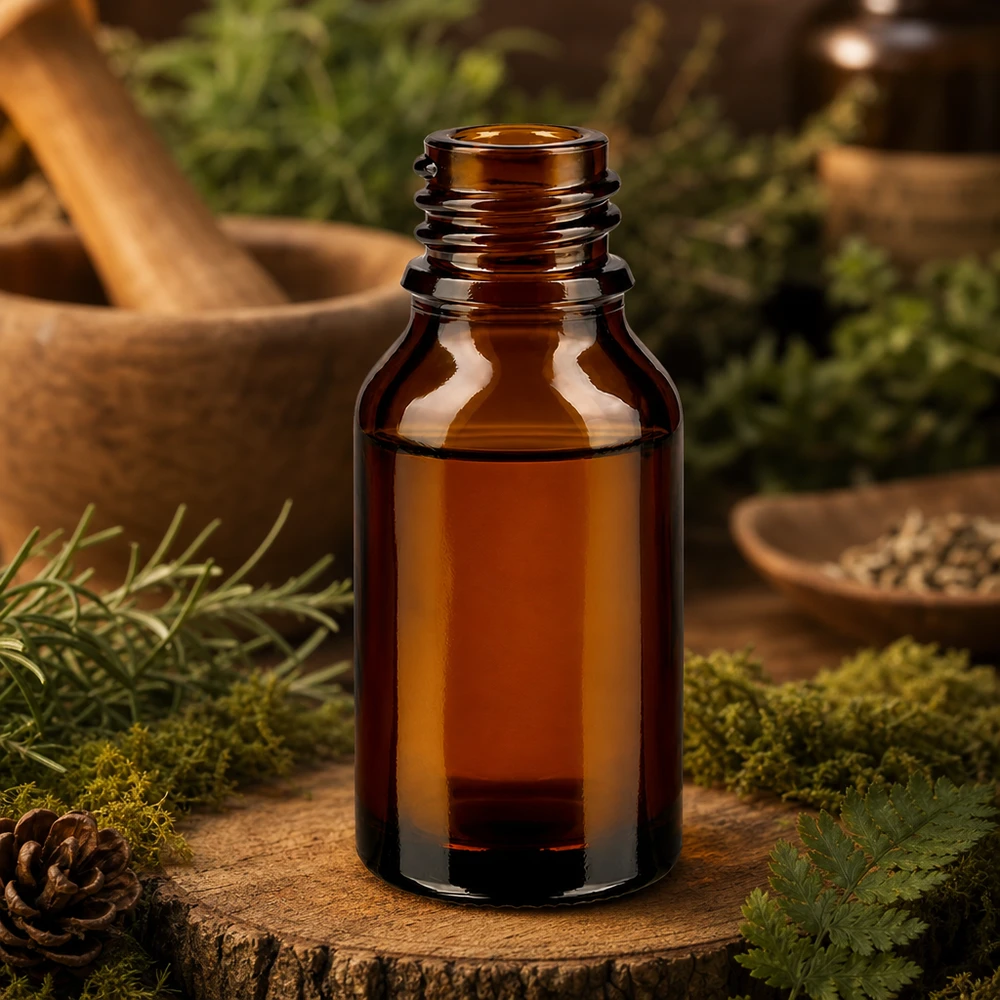 Bottiglia da farmacia ApoGlas marrone da 30 ml a forma alta con pigne di muschio cosmetici naturali ambiente forestale ciotola in legno