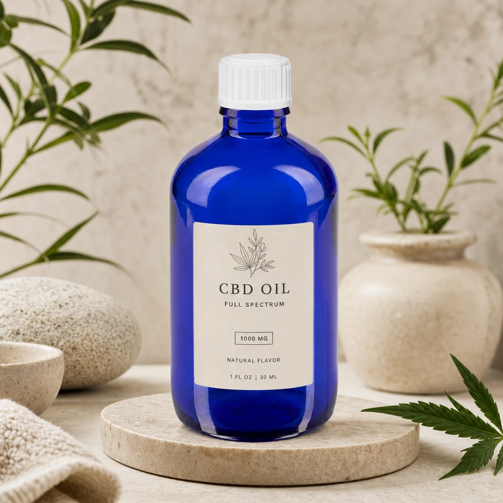 Flacone rotondo blu da 100 ml in vetro con protezione UV, dotato di dosatore a goccia bianco da 0,9 mm per olio di CBD