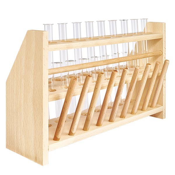 Portaprovette in legno con 18 provette in borosilicato 100x12