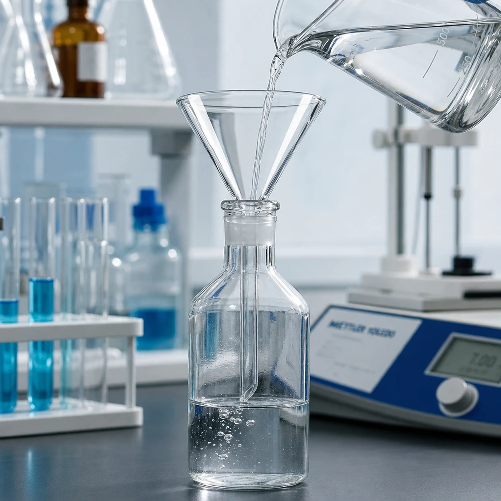 Imbuto Ø 70 mm per calce sodata, angolo 60°, stile corto Imbuto in vetro da laboratorio 70 mm con angolo di 60 gradi in robusto vetro soda-calce per applicazioni chimiche
