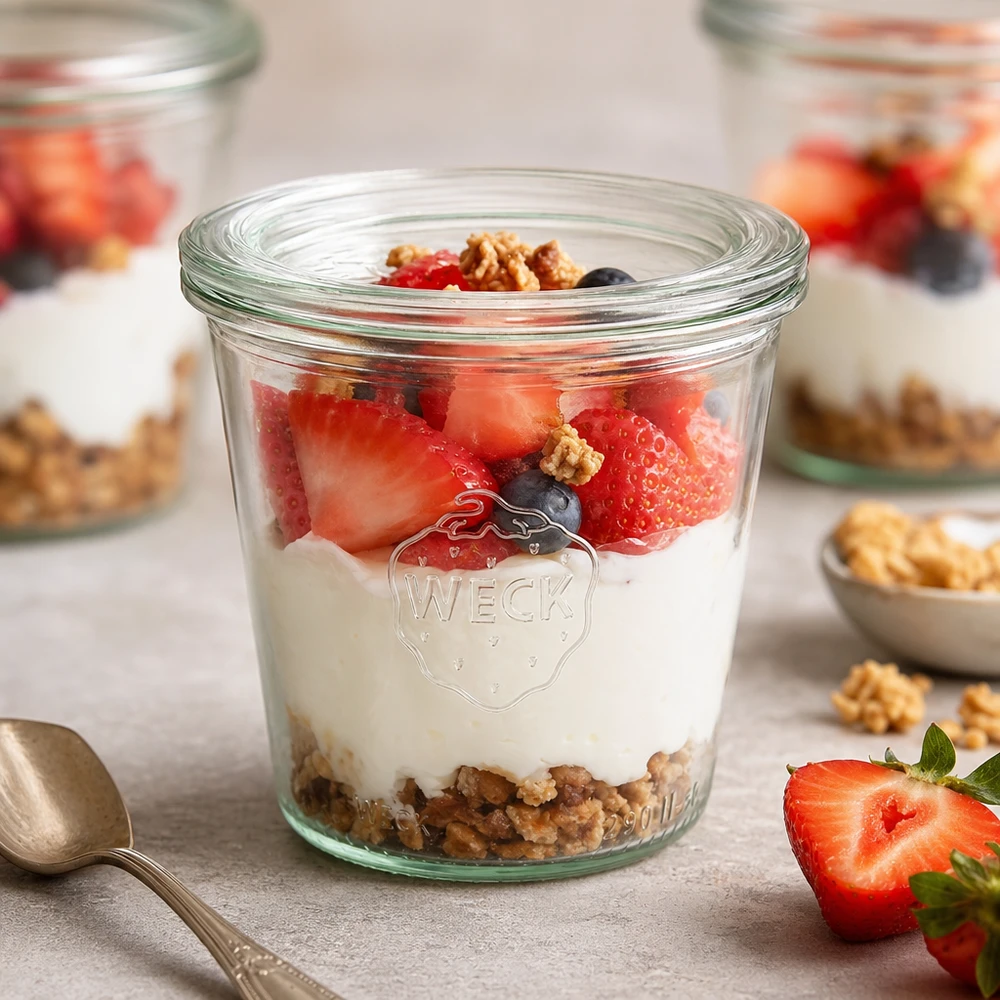 WECK tumbler 290ml RR80 con dessert a strati di yogurt fragole mirtilli e noci come idea per la colazione