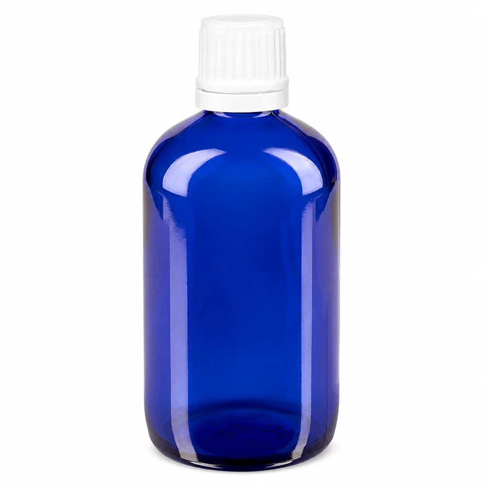 Bottiglia da farmacia blu da 100ml. SV OV bianco/11mm ApoGlas Flacone da farmacia in vetro blu da 100 ml con tappo a vite bianco e sigillo di integrità da 11 mm