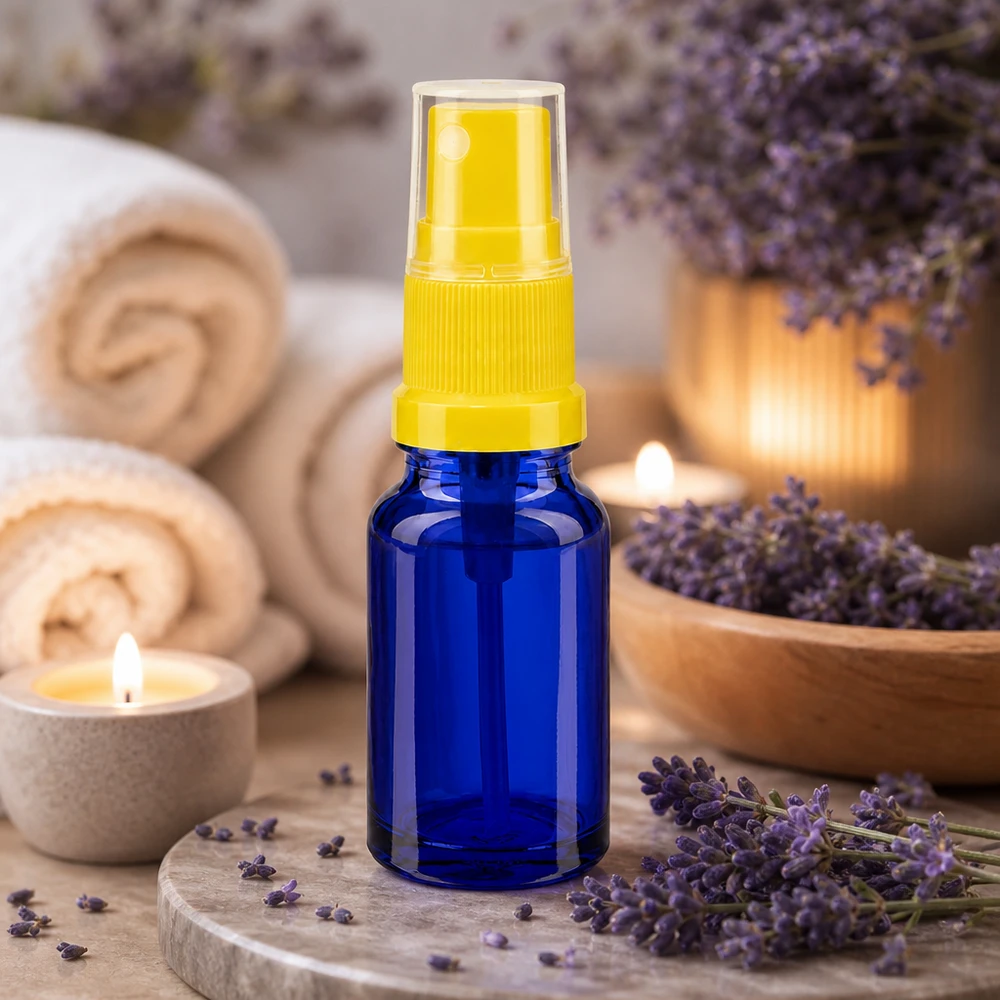 Flacone spray da 10 ml giallo/trasparente STD BlueLine UT18/10 Flacone in vetro di alta qualità da 10 ml con testina gialla per applicazioni wellness e spa BlueLine