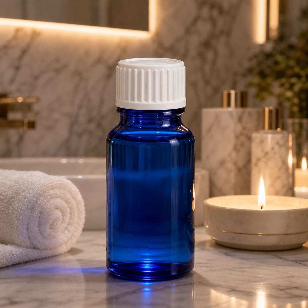Flacone da farmacia blu da 10 ml in vetro al cobalto con tappo standard bianco da 11 mm, resistente alla luce