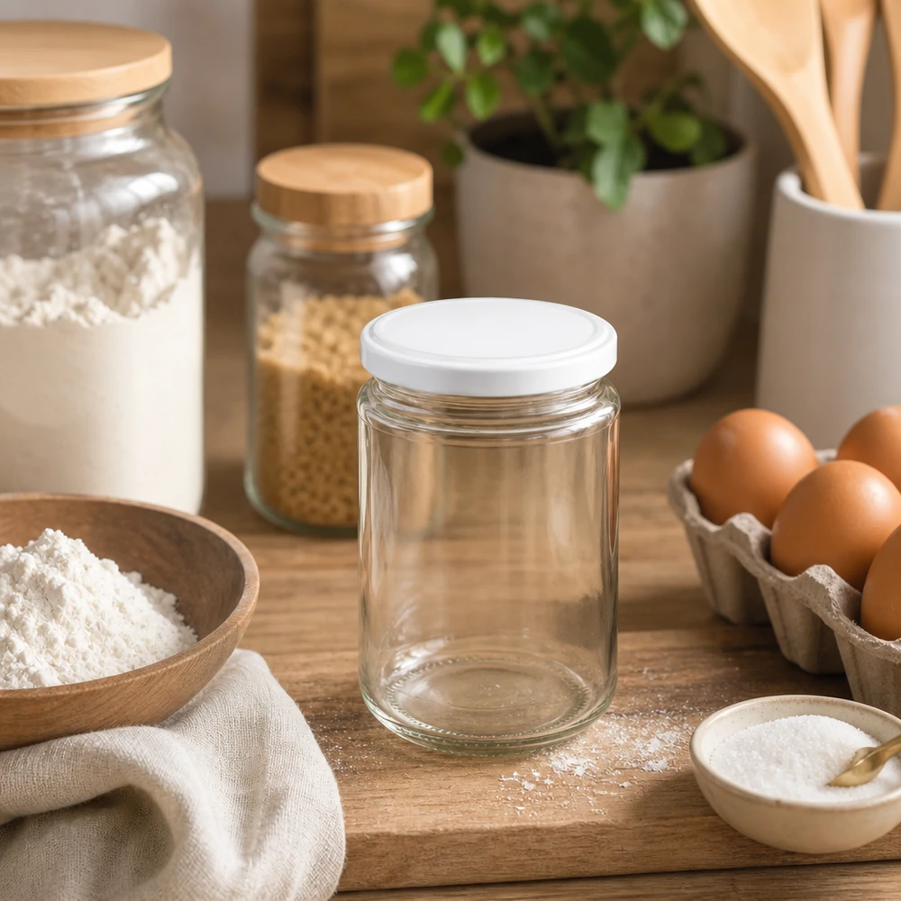 Barattolo di vetro rotondo da 390 ml con coperchio BasicSeal bianco UNiTWIST Barattolo rotondo da 390 ml UNiTWIST con coperchio BasicSeal in ambiente cucina con ingredienti da forno, farina, uova e utensili da cucina.