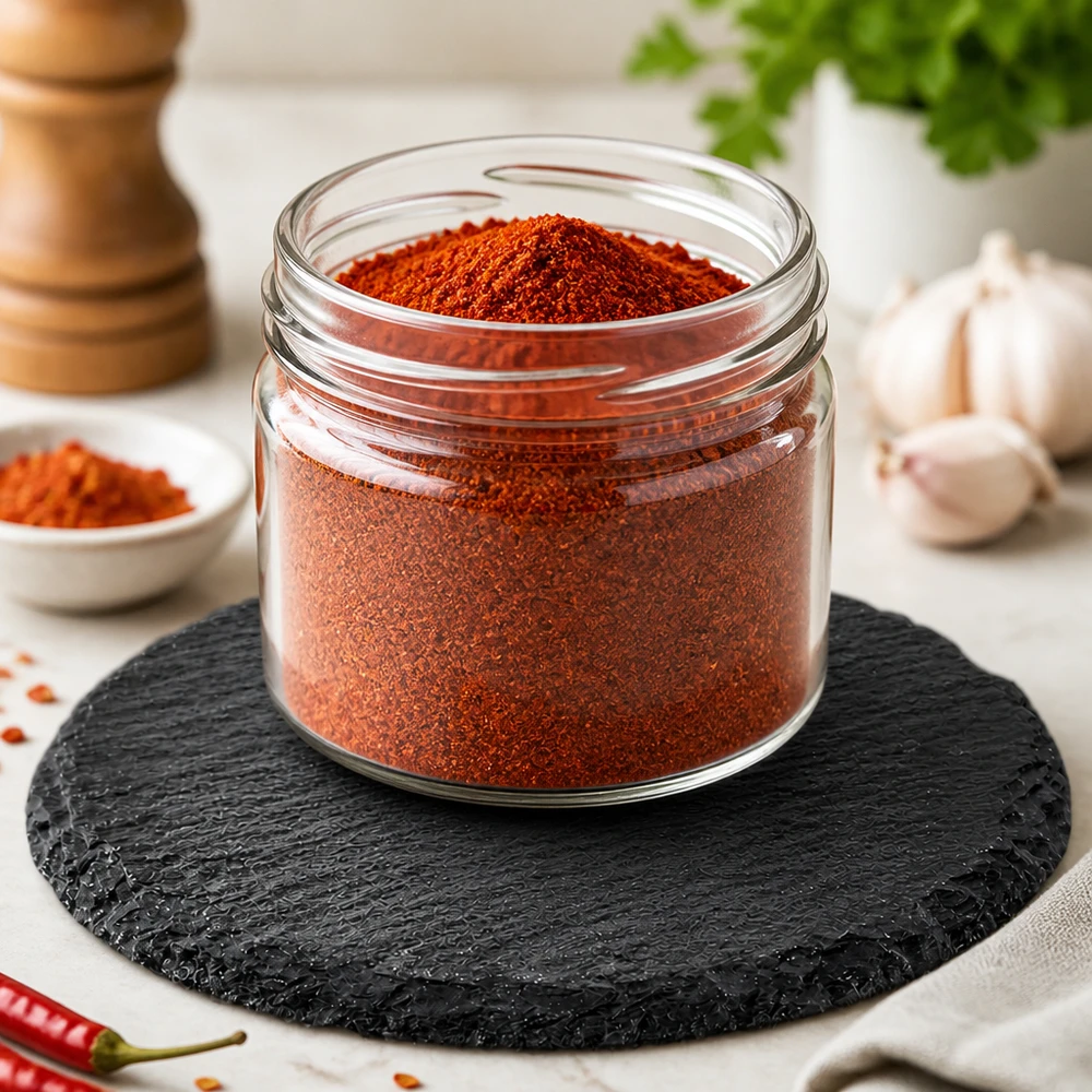 Piatto rotondo in ardesia da 15 cm con polvere di spezie rosse in un barattolo di vetro e aglio per un'elegante presentazione di spezie.