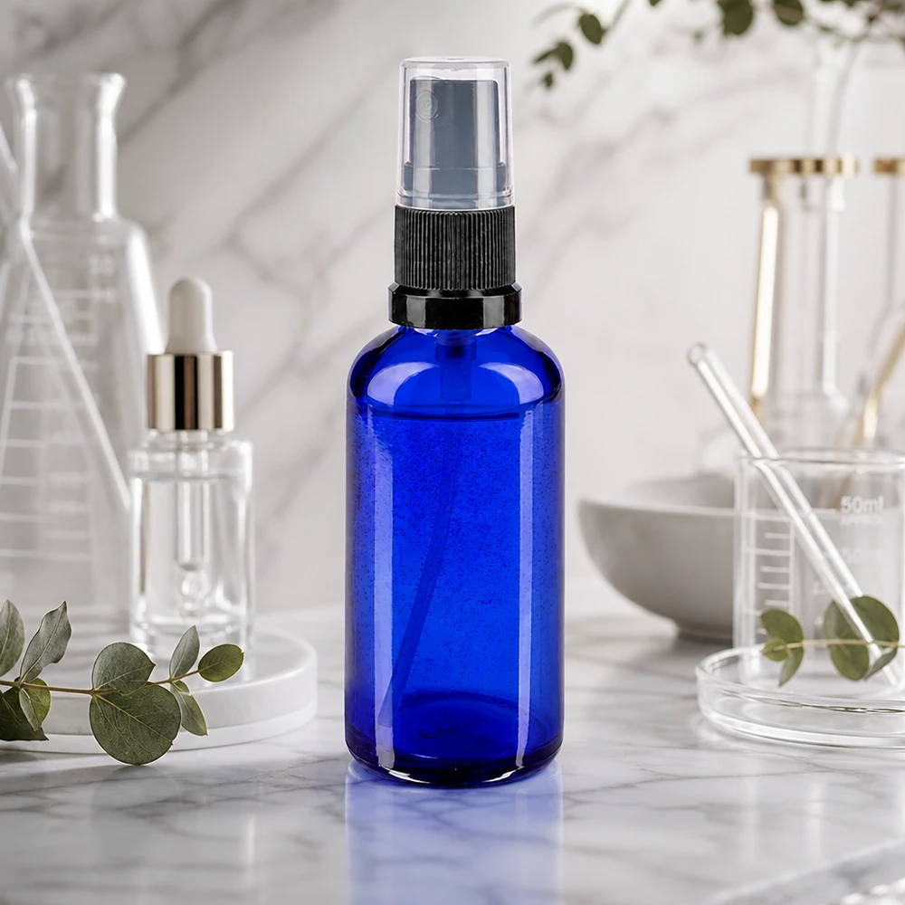 Bottiglia di vetro blu da 50 ml con nebulizzatore a spruzzo fine e tappo trasparente in ambiente di laboratorio