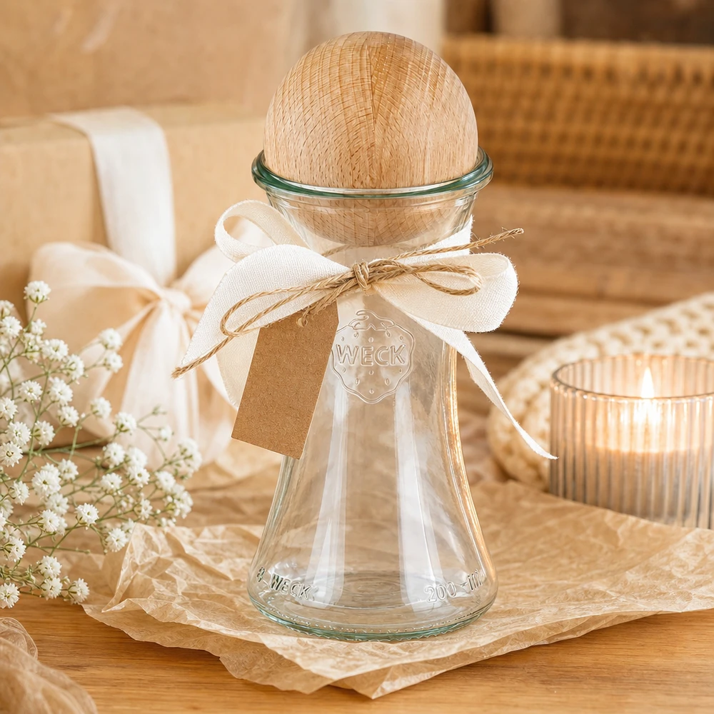 Barattolo per salumi WECK da 200 ml RR60 in confezione regalo decorata con fiocco bianco e etichetta marrone